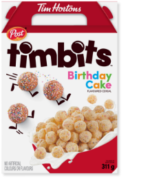 Post Tim Hortons Timbits Birthday Cake cereal box small.