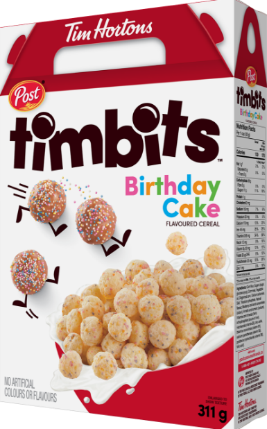 Post Tim Hortons Timbits Birthday cake cereal box large.