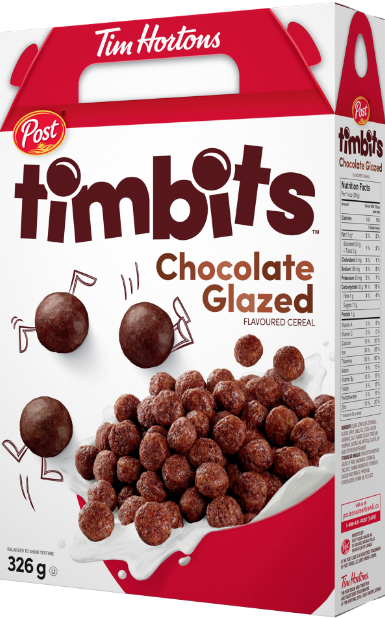 Post Tim Hortons Timbits Chocolate Glazed cereal box large.