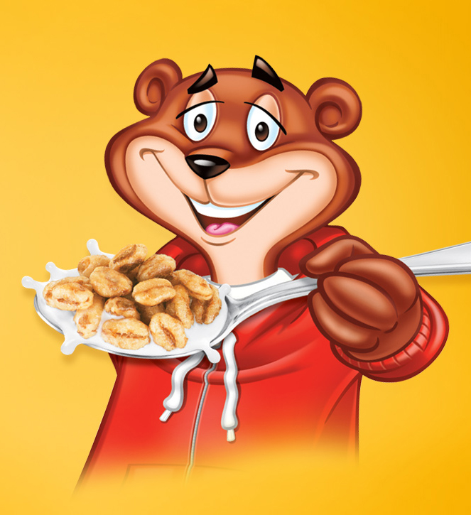 Sugar Crisp Bear holding a spoon of Sugar Crisp Cereal on a yellow background.