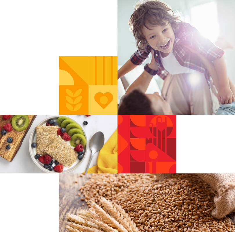 A collage of various logos and symbols, a young boy being lifted into the air by his father, a white bowl of shredded wheat and fruit and an image of grains and wheat