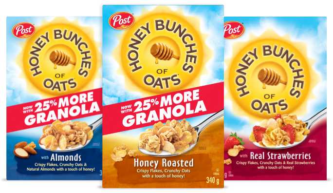 3 Honey Bunches of Oats Packages, two with 25 percent more granola red labels